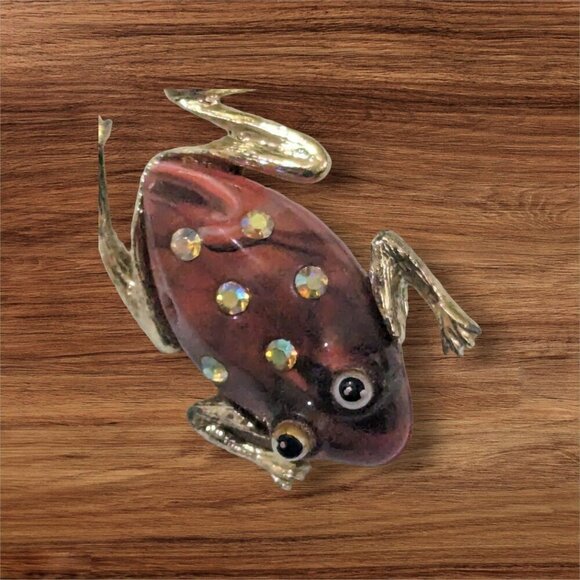 Vintage Frog Brooch With Rhinestone Accents & Gold-Tone Legs - Picture 1 of 8